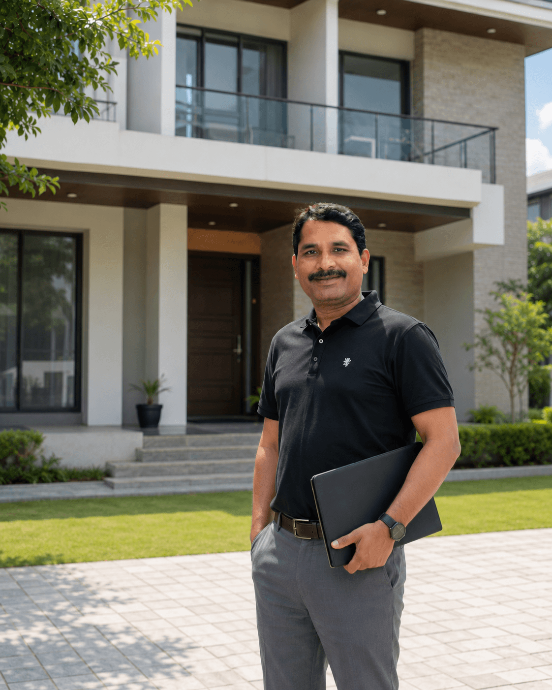Arun Kumar Balothiya standing outside a modern home in Jabalpur