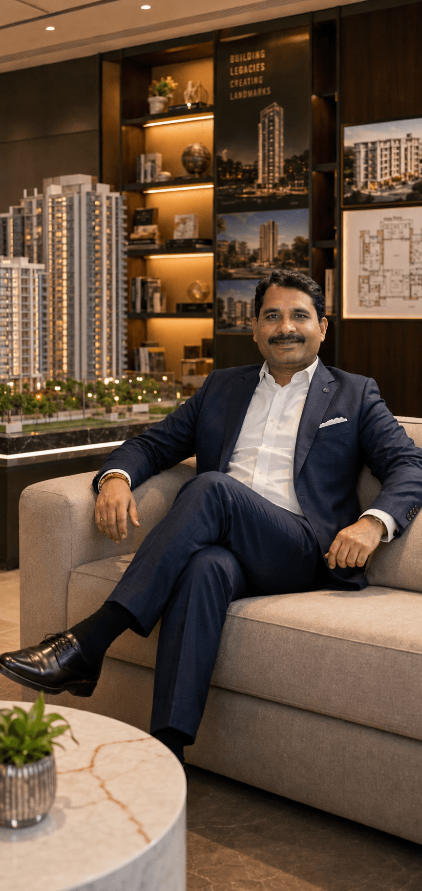 Arun Kumar Balothiya seated beside premium real estate scale models in Jabalpur